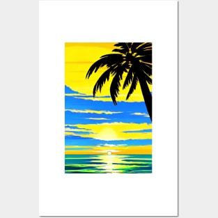 Summer Sunset Palm Tree Shadow Beach Ocean Posters and Art